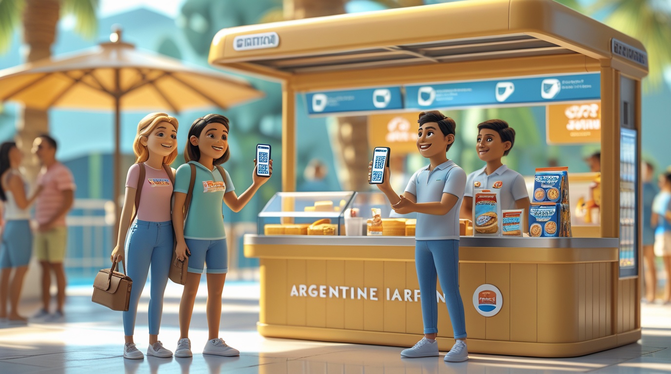 Visitantes retirando bebidas y snacks en un kiosco dentro del parque