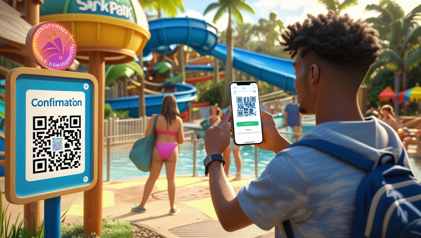 Visitante frente a una atracción comprando su acceso con un código QR