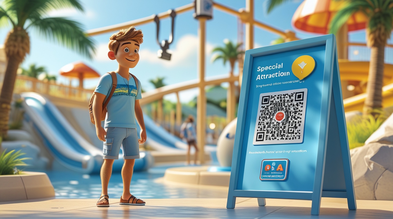 Joven escaneando el código QR de una atracción con su teléfono